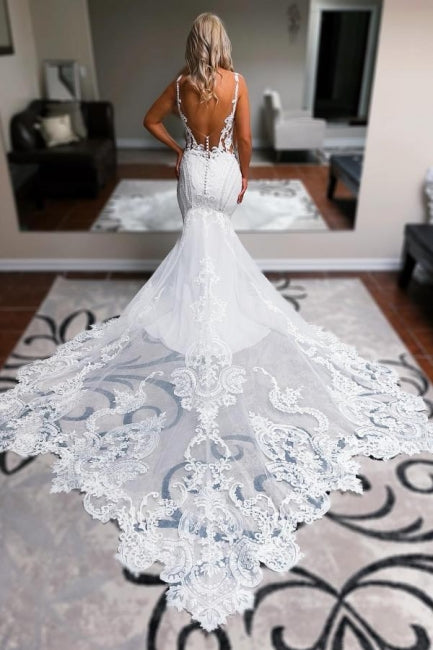 Elegant Long White Mermaid Straps V-neck Backless Wedding Dress with Lace Embellishments