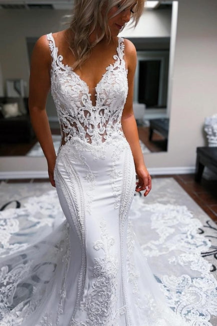 Elegant Long White Mermaid Straps V-neck Backless Wedding Dress with Lace Embellishments