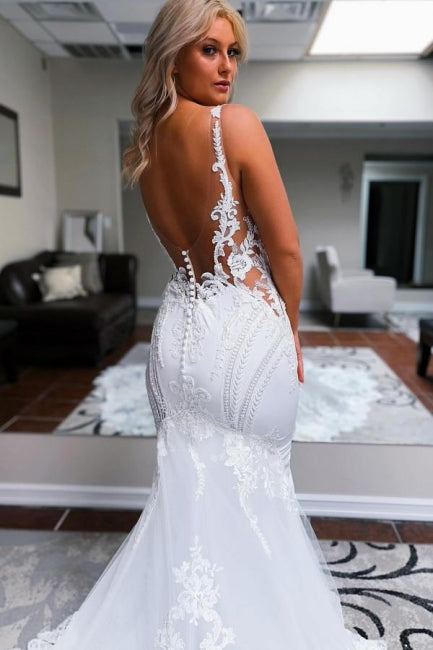 Elegant Long White Mermaid Straps V-neck Backless Wedding Dress with Lace Embellishments