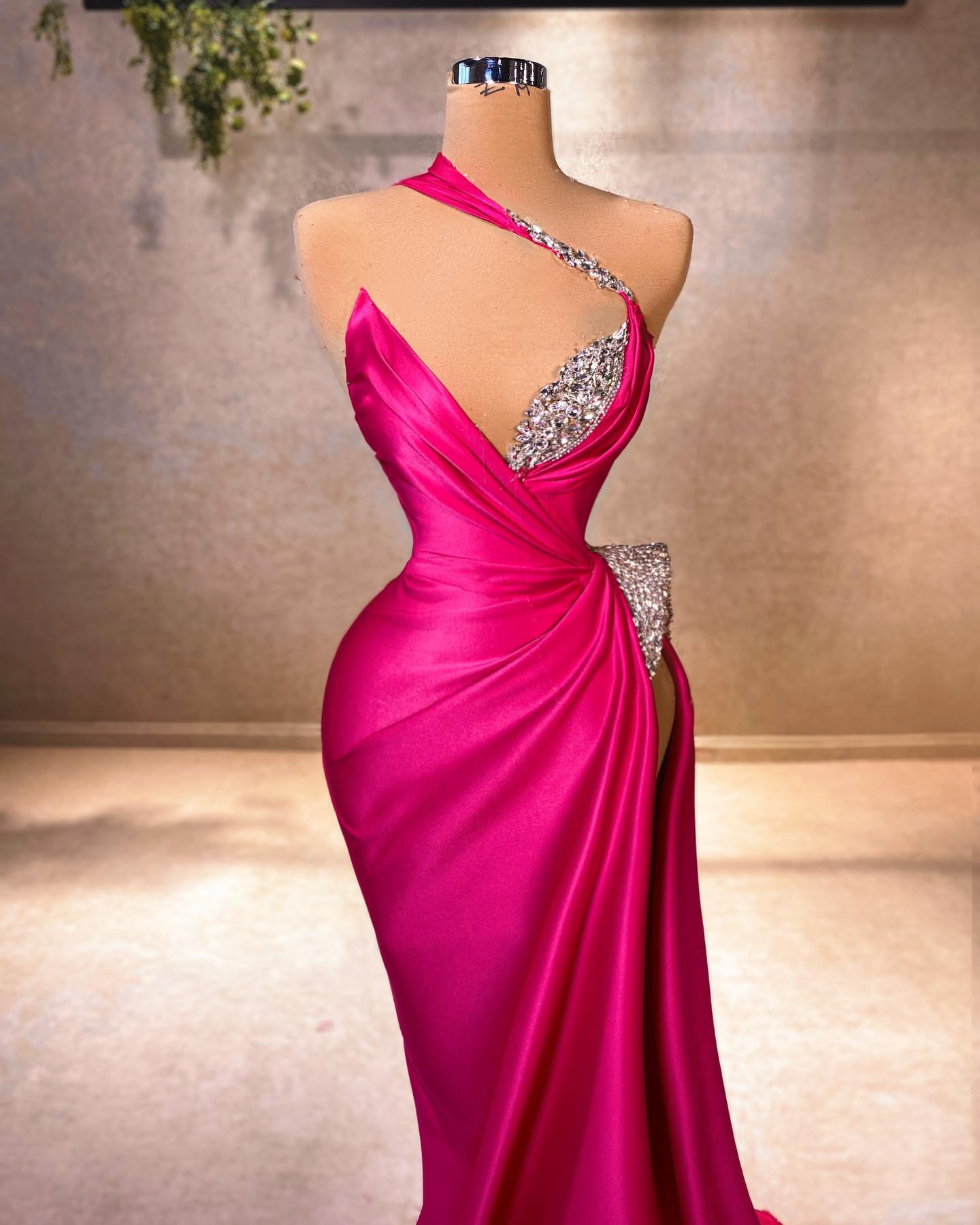 Refined Mermaid V-neck Sleeveless Ruffled Satin Split Front Fuchsia Prom Dress