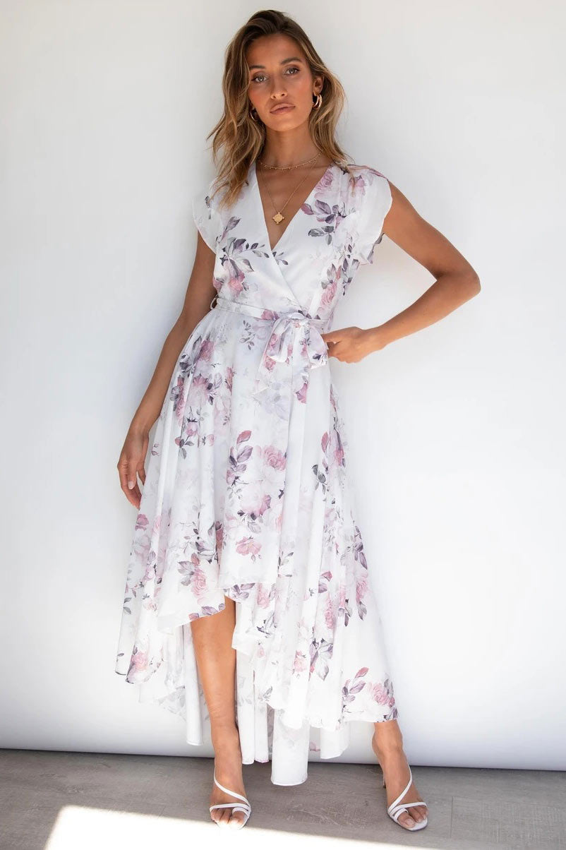 Elegant Printed Short Sleeves High Low Dress