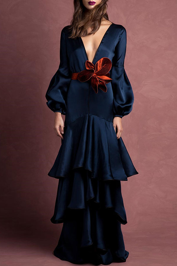 Dark Navy V-neck Layered Hem Long Dress