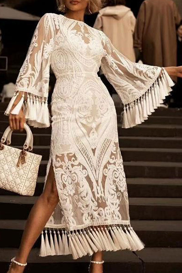 Embroidered Lined See Thru Tassel Dress