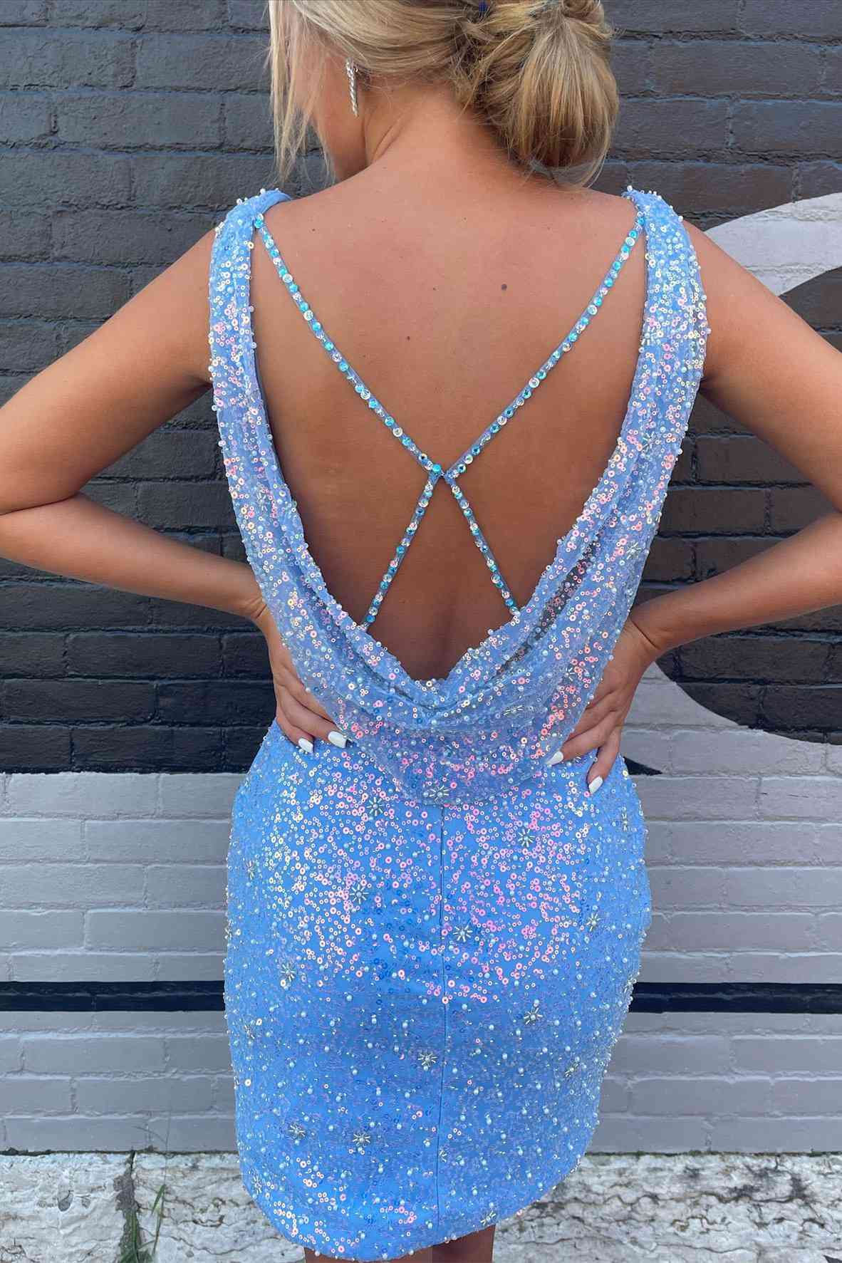 Yolande Sheath Sky Blue Sequined Homecoming Dress