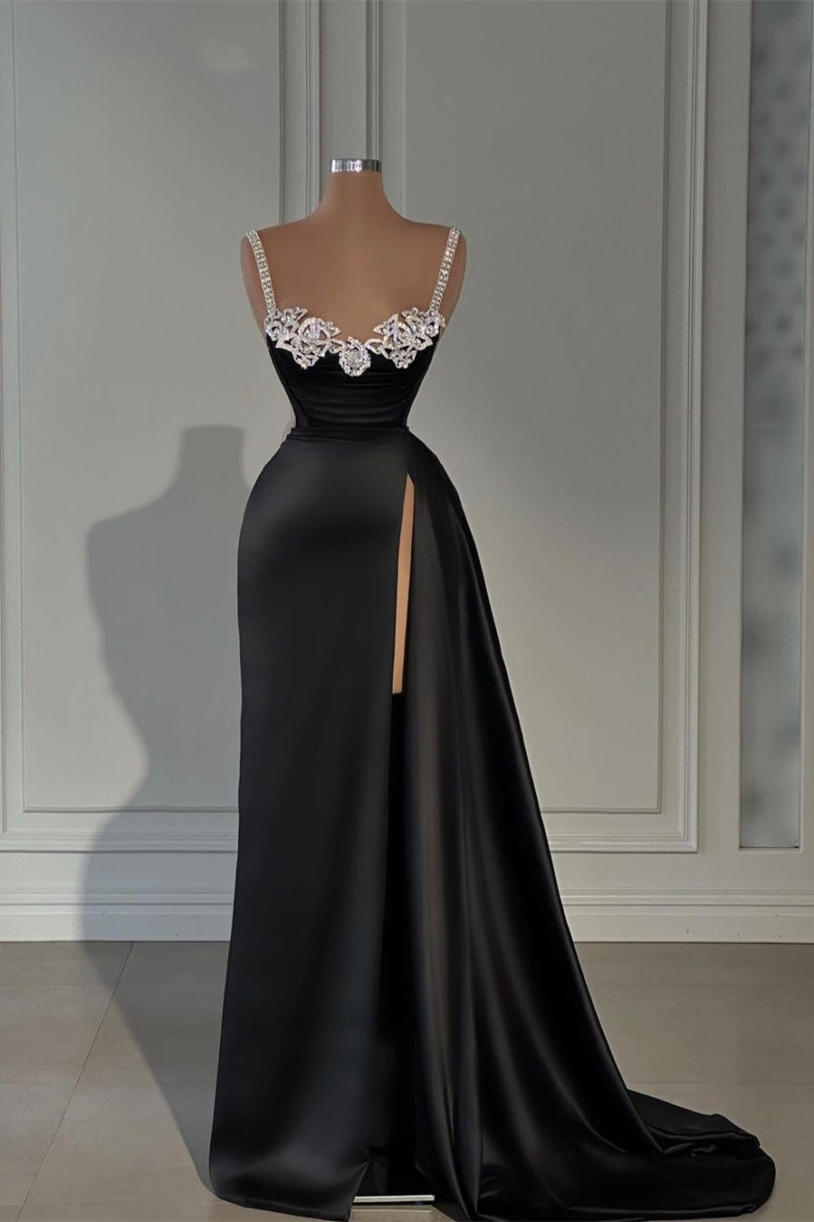 Fabulous Long Black A-line Straps Dress with Crystal Sleeveless and Slit