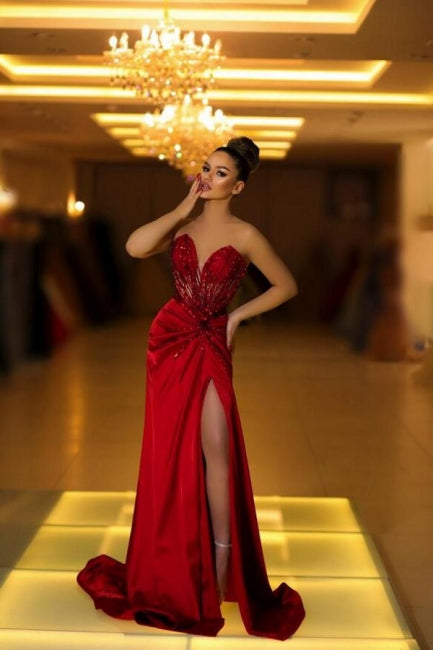 Fabulous Long Burgundy V-neck Lace Satin Evening Gown with Slit