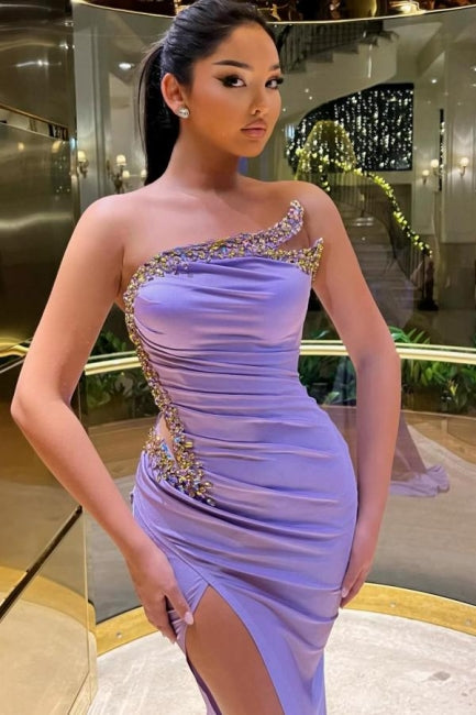 Fabulous Long Lilac Strapless Beaded Mermaid Satin Prom Dress with High Slit