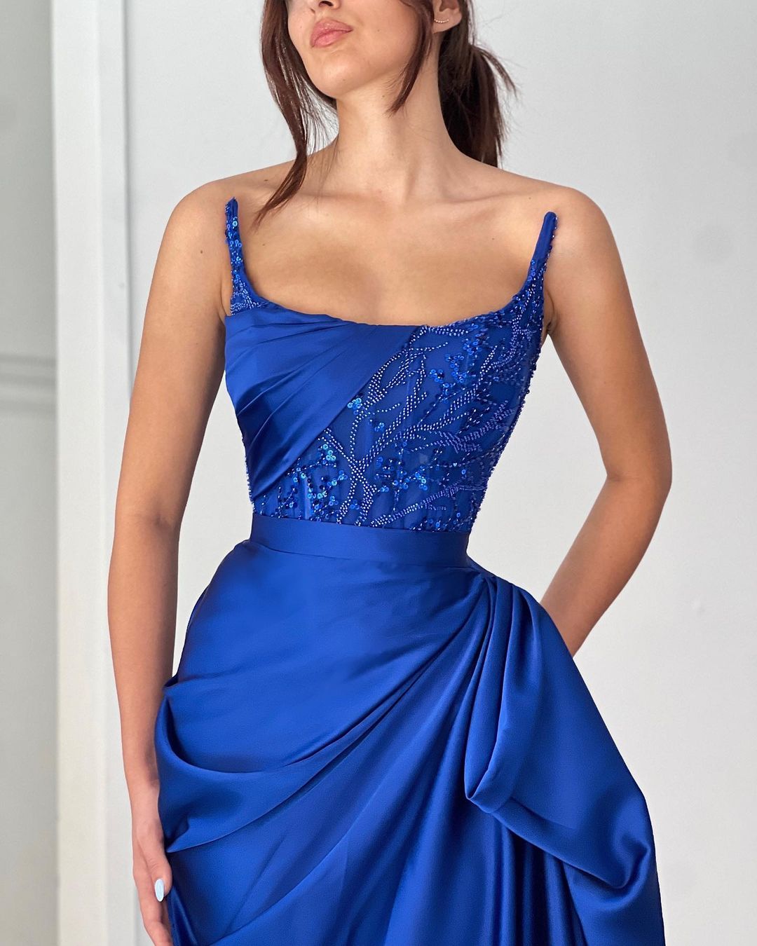 Fabulous Long Royal Blue Sequined Dress With Sleeveless Design Beading And Ruffles For Prom