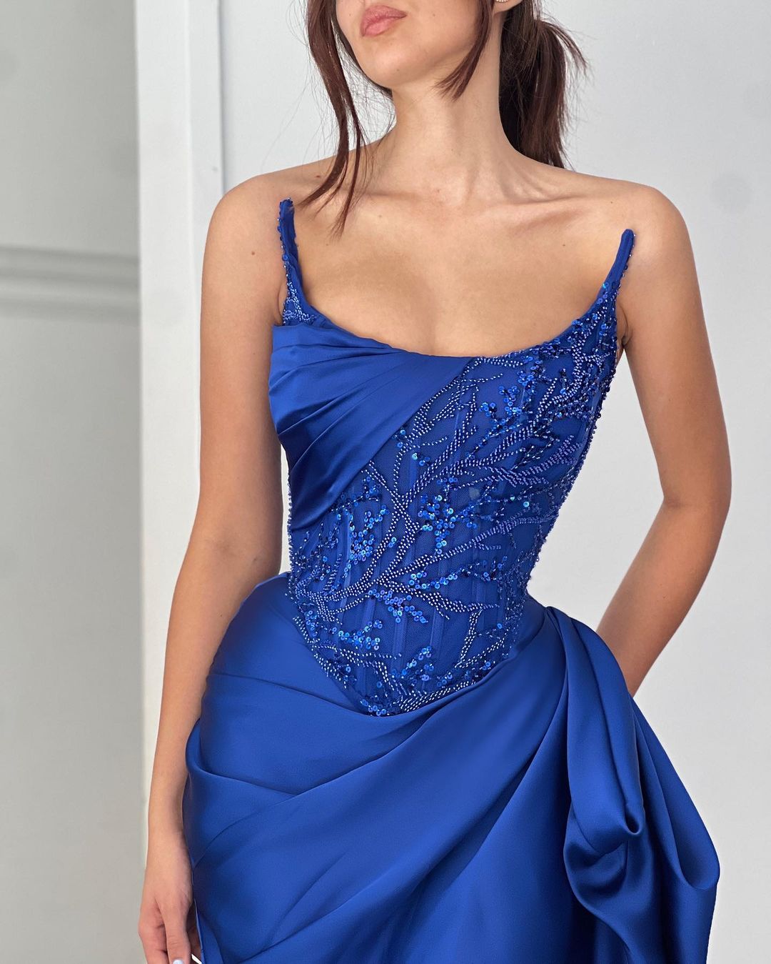 Fabulous Long Royal Blue Sequined Dress With Sleeveless Design Beading And Ruffles For Prom