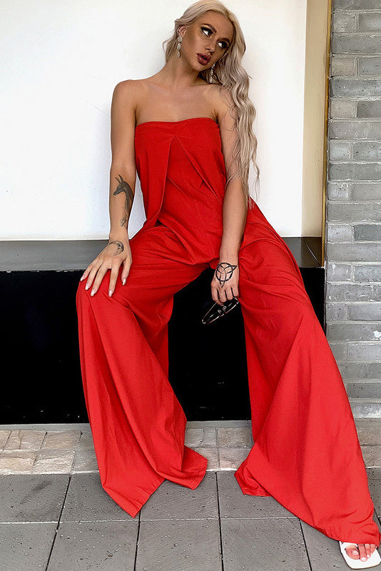 Fashion Black Strapless Jumpsuit Wide Leg Pants