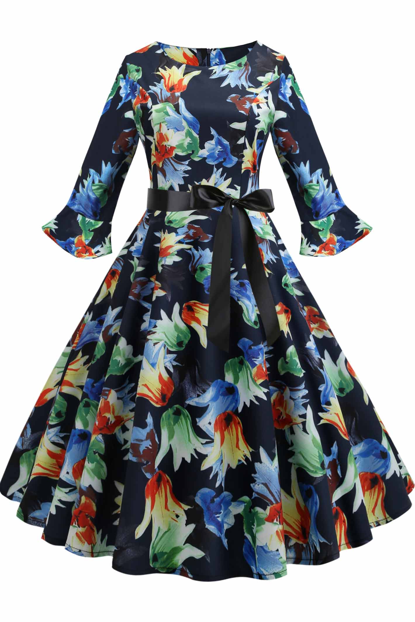 Floral Print Boatneck A-line Dress