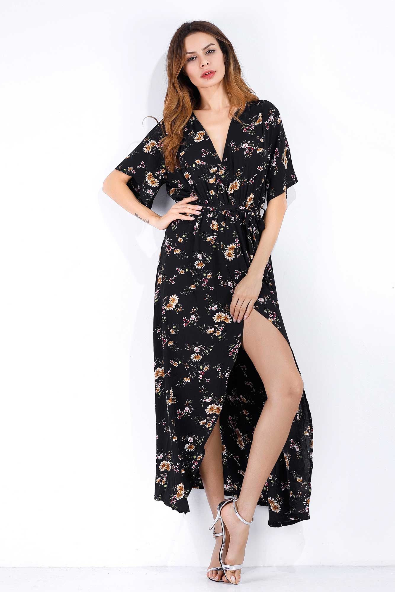 Floral Print V-neck Tie Front Slit Maxi Dress