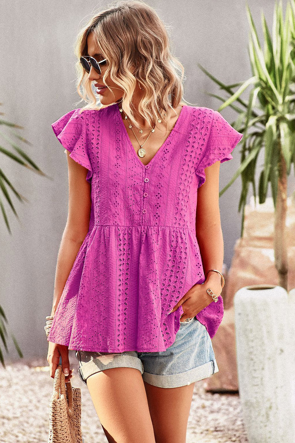 Fuchsia Cap Sleeves Lace V-Neck Blouse