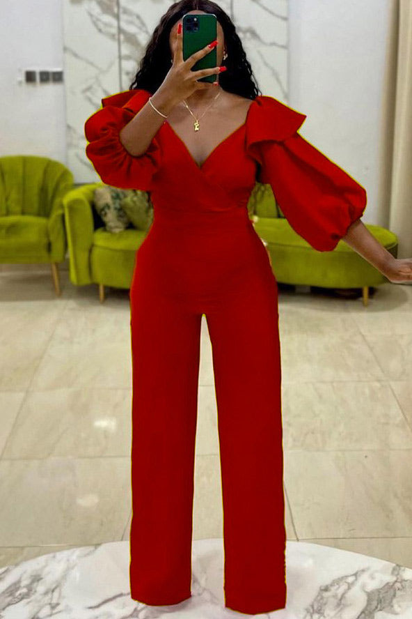 Fuchsia V-neck Long Sleeve Jumpsuit