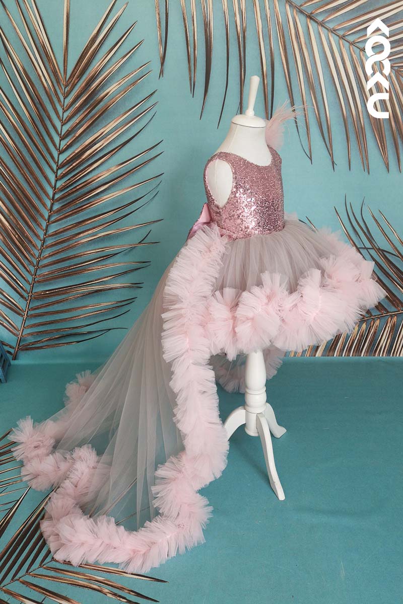 G3001 - Round Neck Sequined Tulle Baby Girl Gown With Detachable Trail