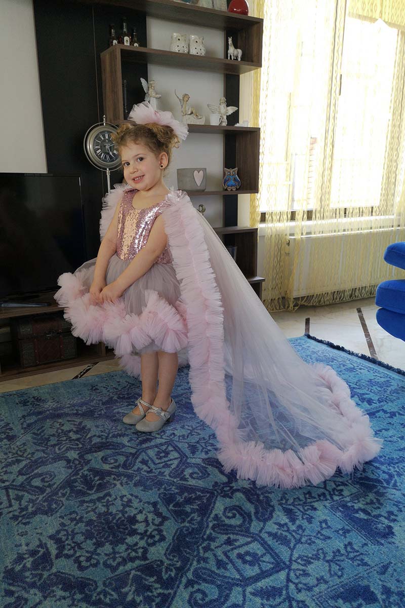 G3001 - Round Neck Sequined Tulle Baby Girl Gown With Detachable Trail