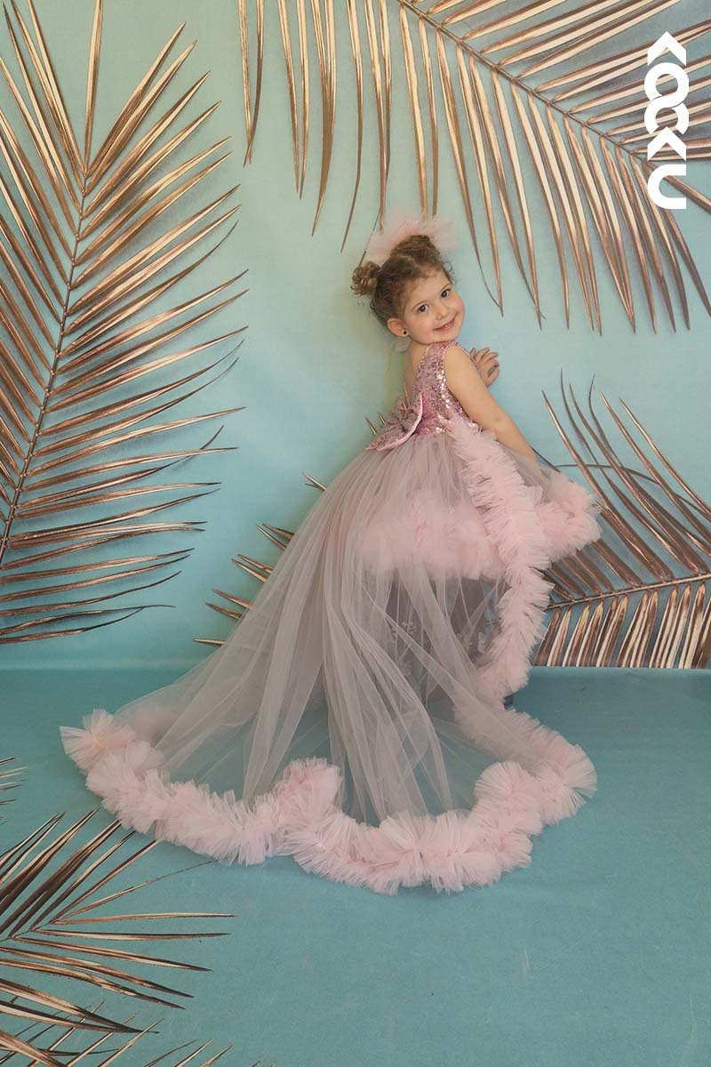 G3001 - Round Neck Sequined Tulle Baby Girl Gown With Detachable Trail