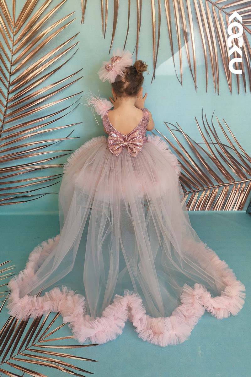 G3001 - Round Neck Sequined Tulle Baby Girl Gown With Detachable Trail