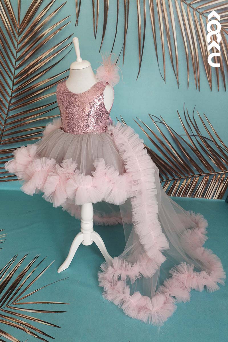 G3001 - Round Neck Sequined Tulle Baby Girl Gown With Detachable Trail