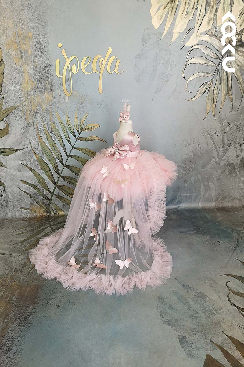 G3002 - Round Neck Rhinestones Butterfly Tulle Baby Girl Gown With Detachable Trail