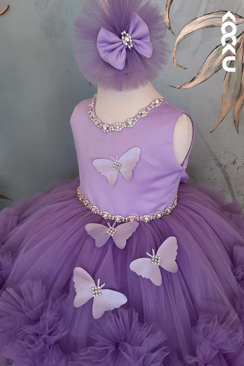 G3003 - Round Neck Crystals Butterfly Tulle Baby Girl Gown With Detachable Train