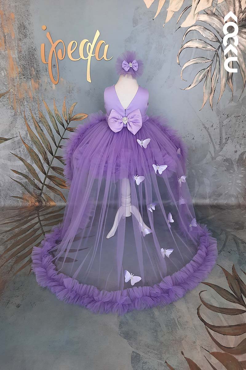 G3003 - Round Neck Crystals Butterfly Tulle Baby Girl Gown With Detachable Train