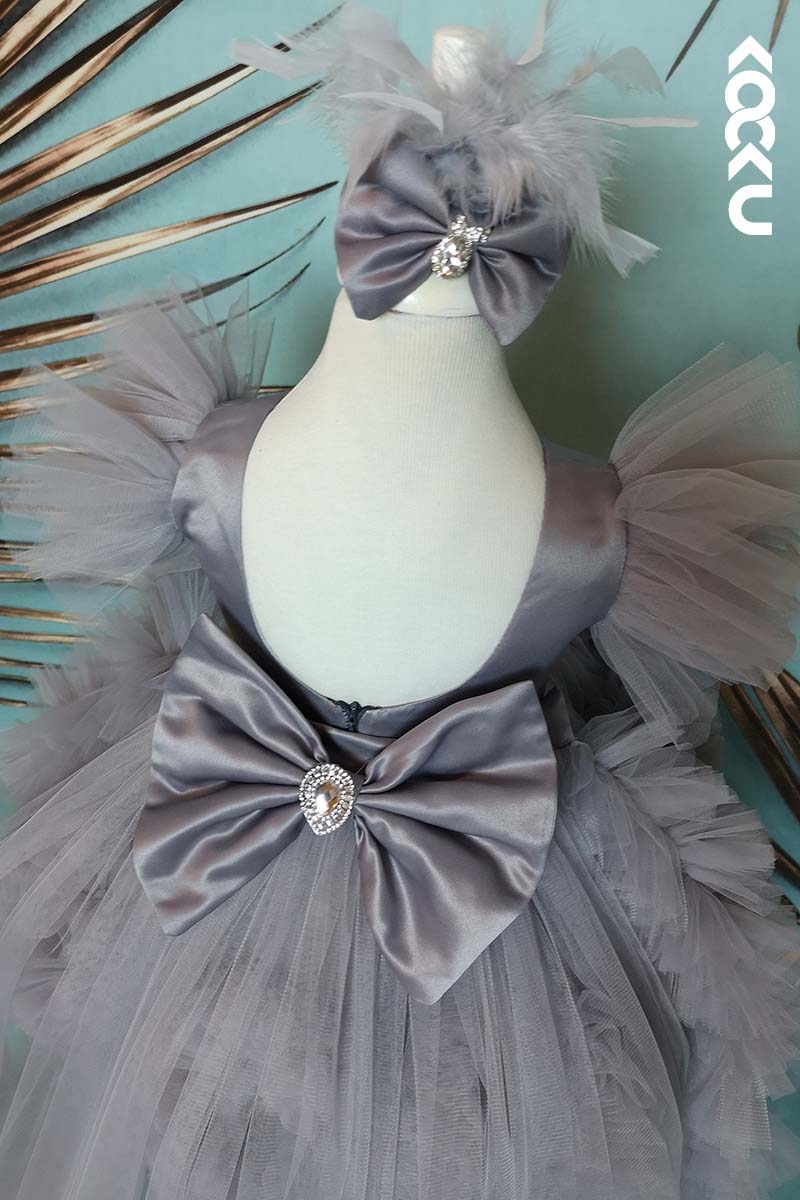 G3004 - Gray Round Neck Satin Tulle Baby Girl Gown With Detachable Train