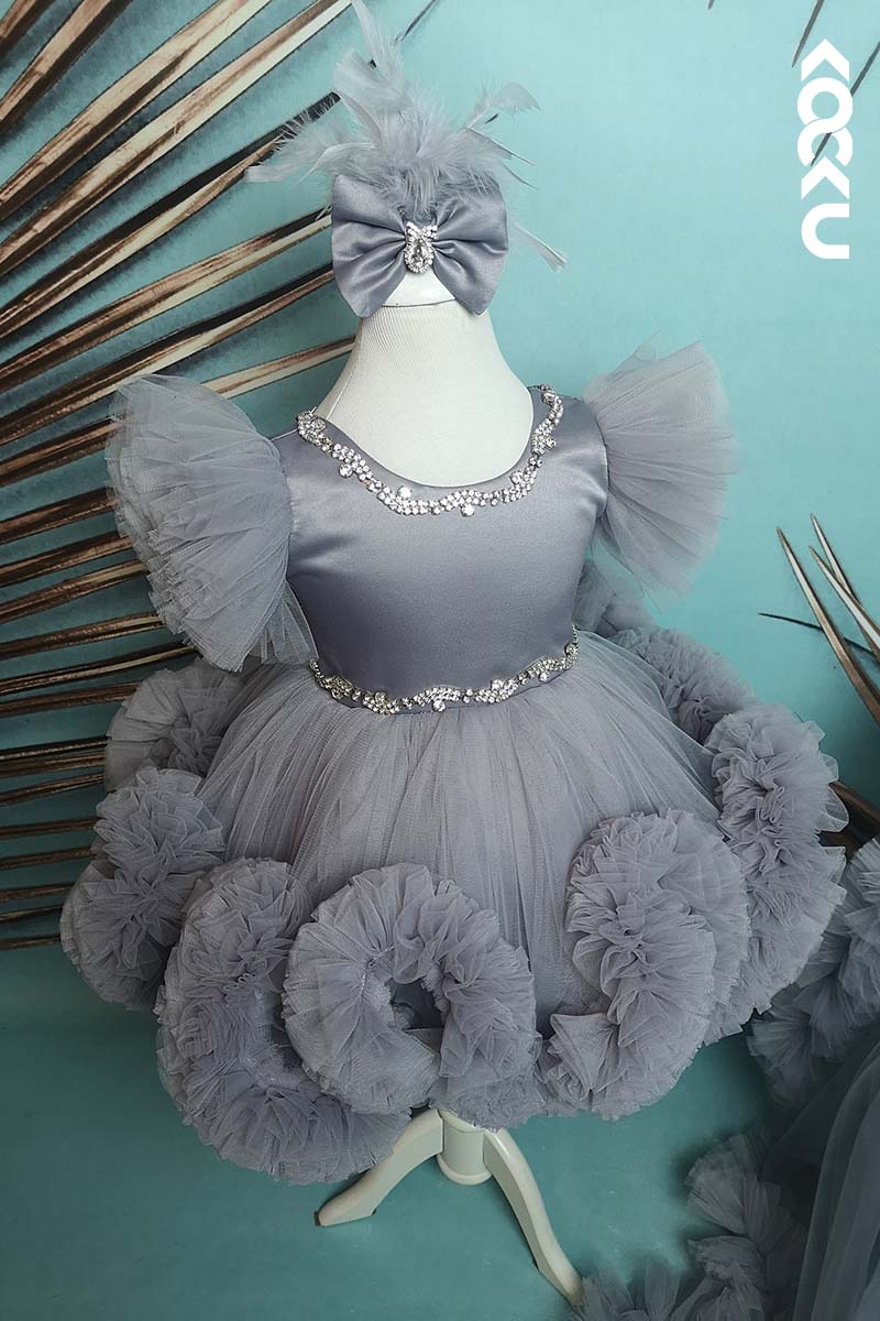 G3004 - Gray Round Neck Satin Tulle Baby Girl Gown With Detachable Train