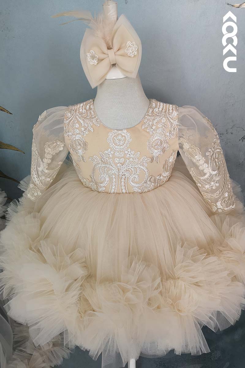 G3005 - Nude Round Neck Lace Tulle Baby Girl Gown With Detachable Train