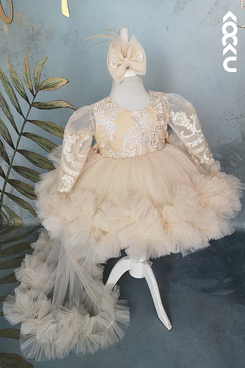 G3005 - Nude Round Neck Lace Tulle Baby Girl Gown With Detachable Train