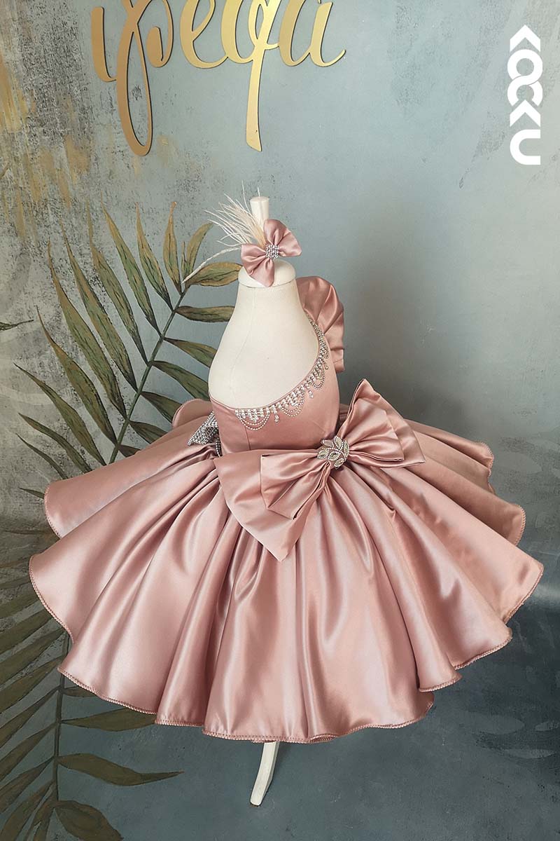 G3006 - One Shoulder Puff Sleeve Beaded Satin Baby Girl Gown