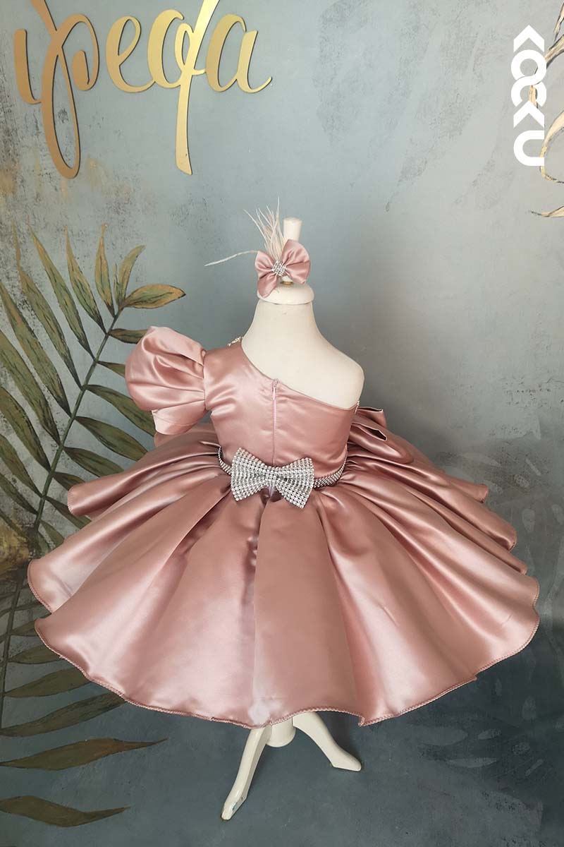 G3006 - One Shoulder Puff Sleeve Beaded Satin Baby Girl Gown