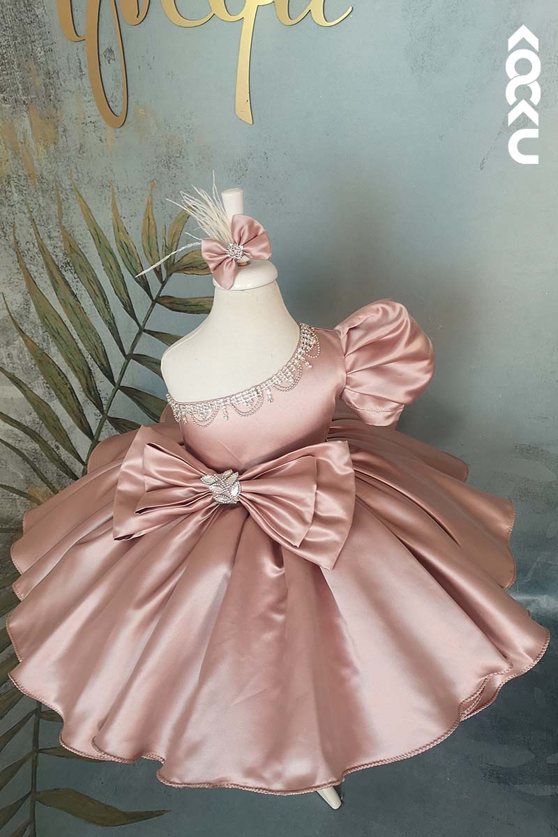 G3006 - One Shoulder Puff Sleeve Beaded Satin Baby Girl Gown