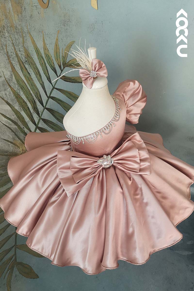 G3006 - One Shoulder Puff Sleeve Beaded Satin Baby Girl Gown