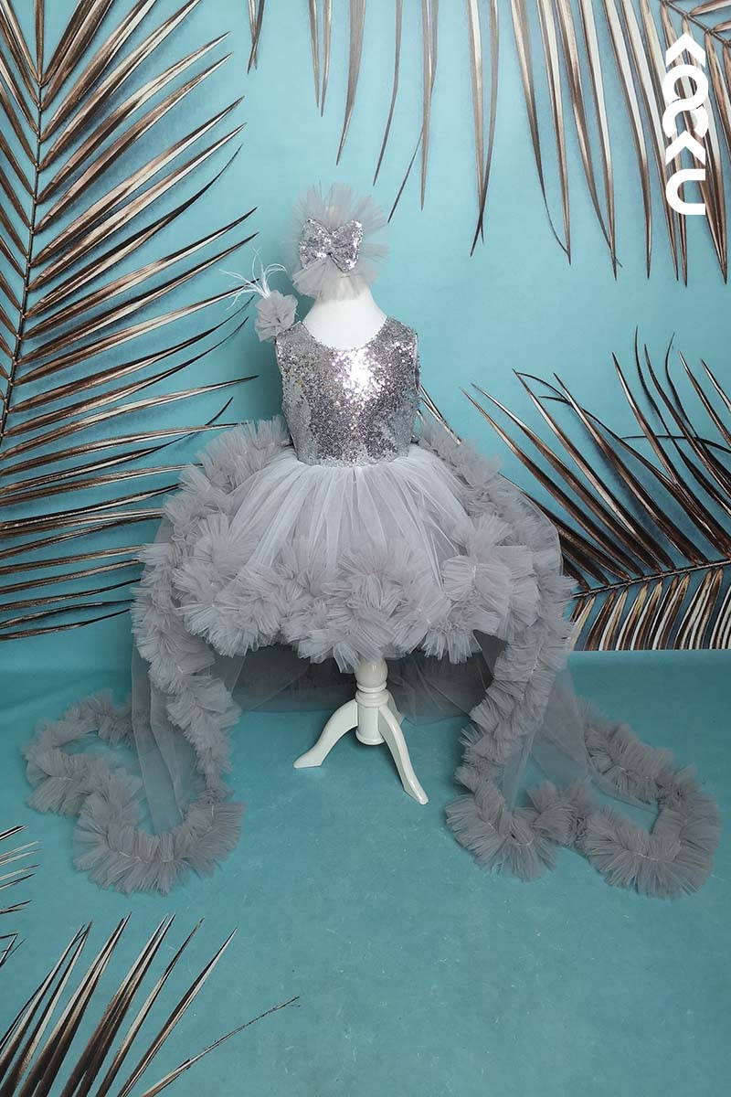 G3007 - Round Neck Sequined Tulle Baby Girl Gown With Detachable Trail