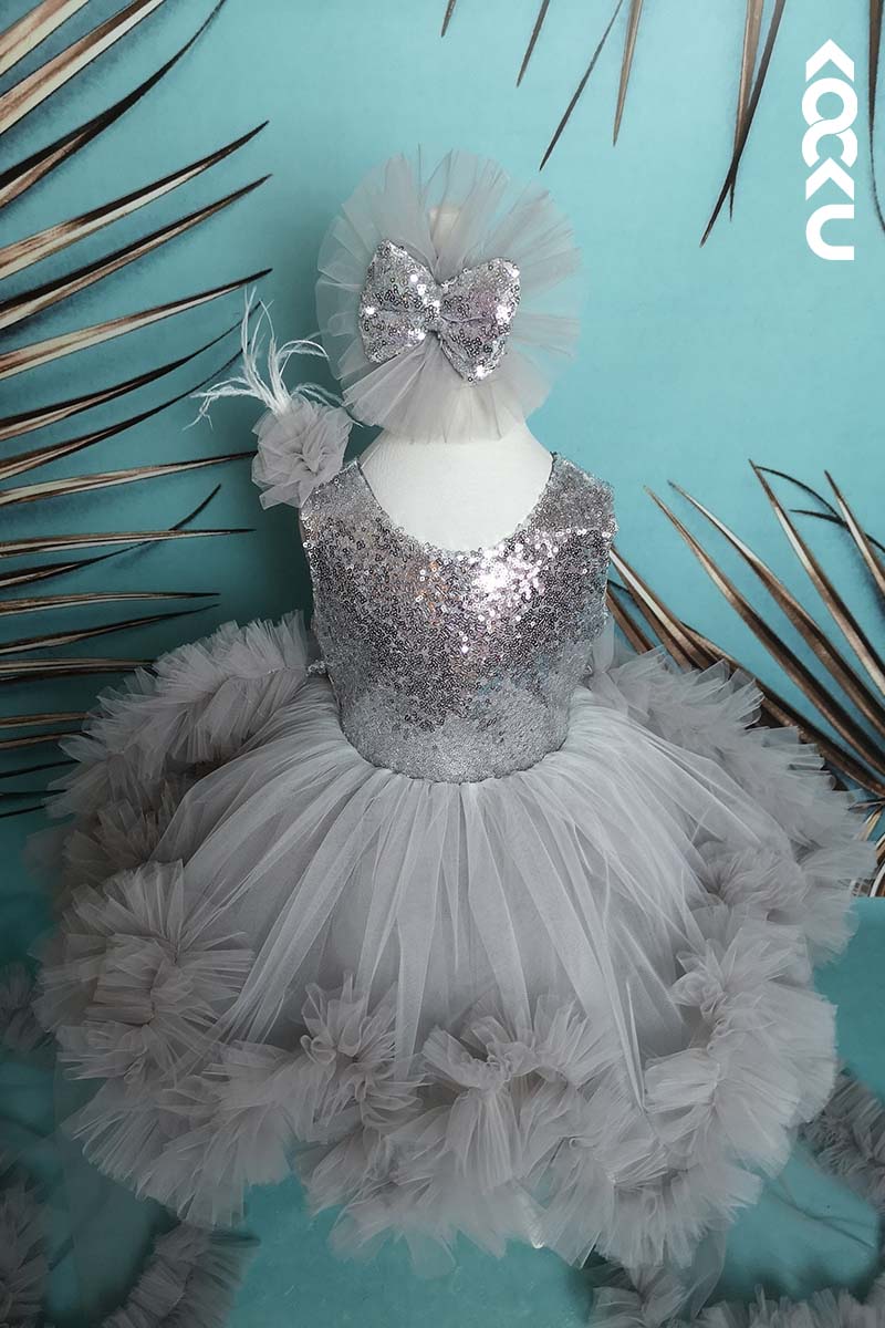 G3007 - Round Neck Sequined Tulle Baby Girl Gown With Detachable Trail