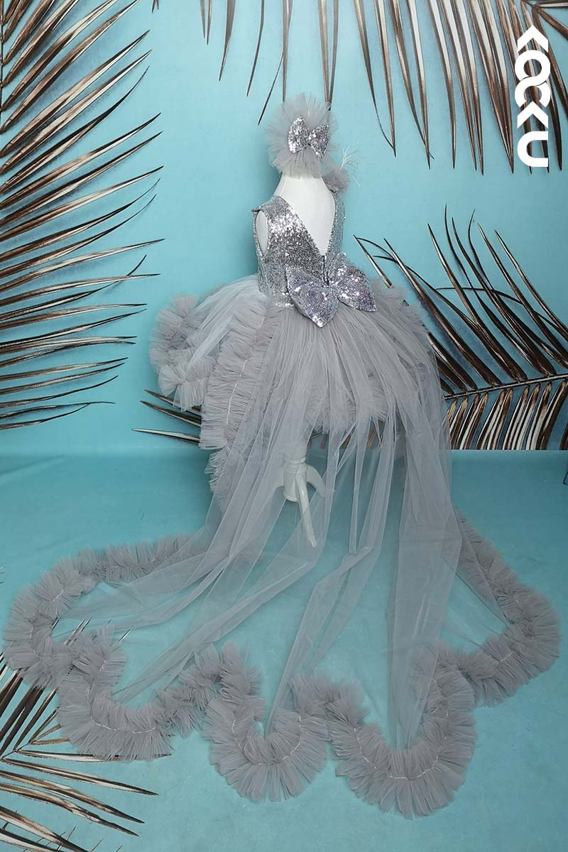 G3007 - Round Neck Sequined Tulle Baby Girl Gown With Detachable Trail