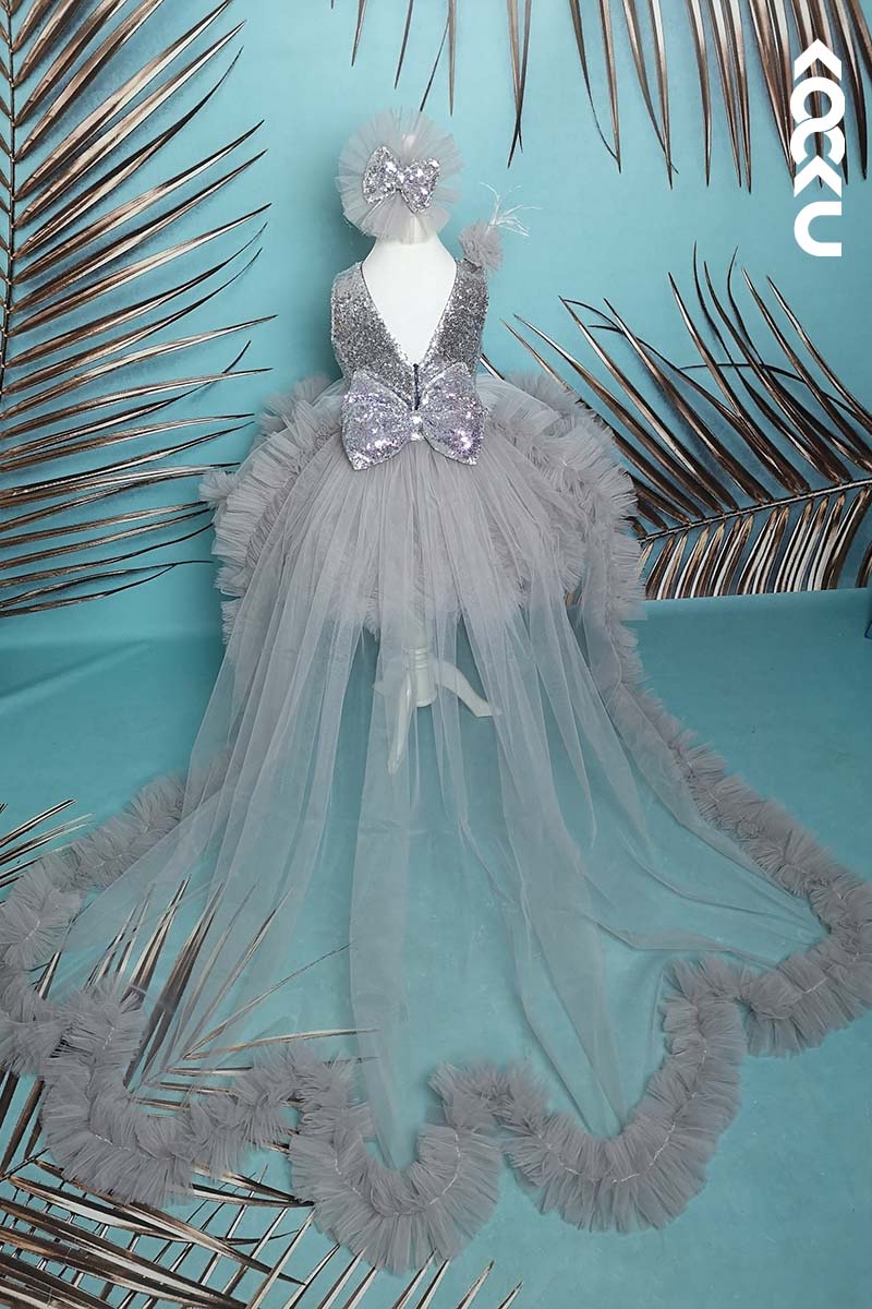 G3007 - Round Neck Sequined Tulle Baby Girl Gown With Detachable Trail