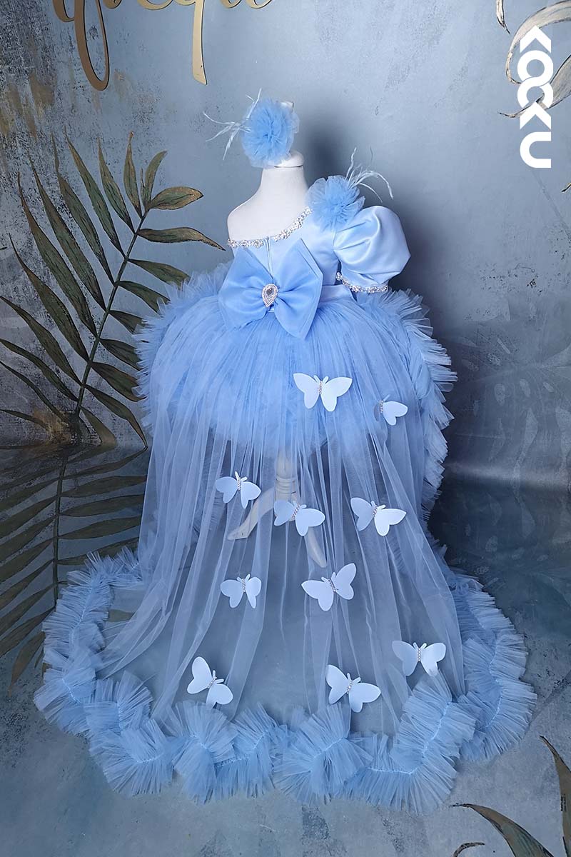 G3009 - One Shoulder Crystals Butterfly Tulle Baby Girl Gown With Detachable Train