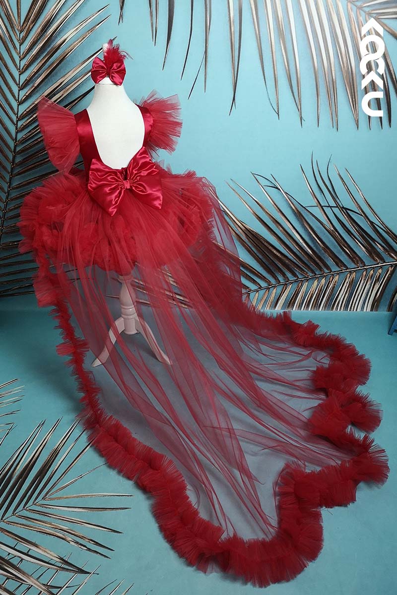 G3010 - Red Round Neck Satin Tulle Baby Girl Gown With Detachable Trail