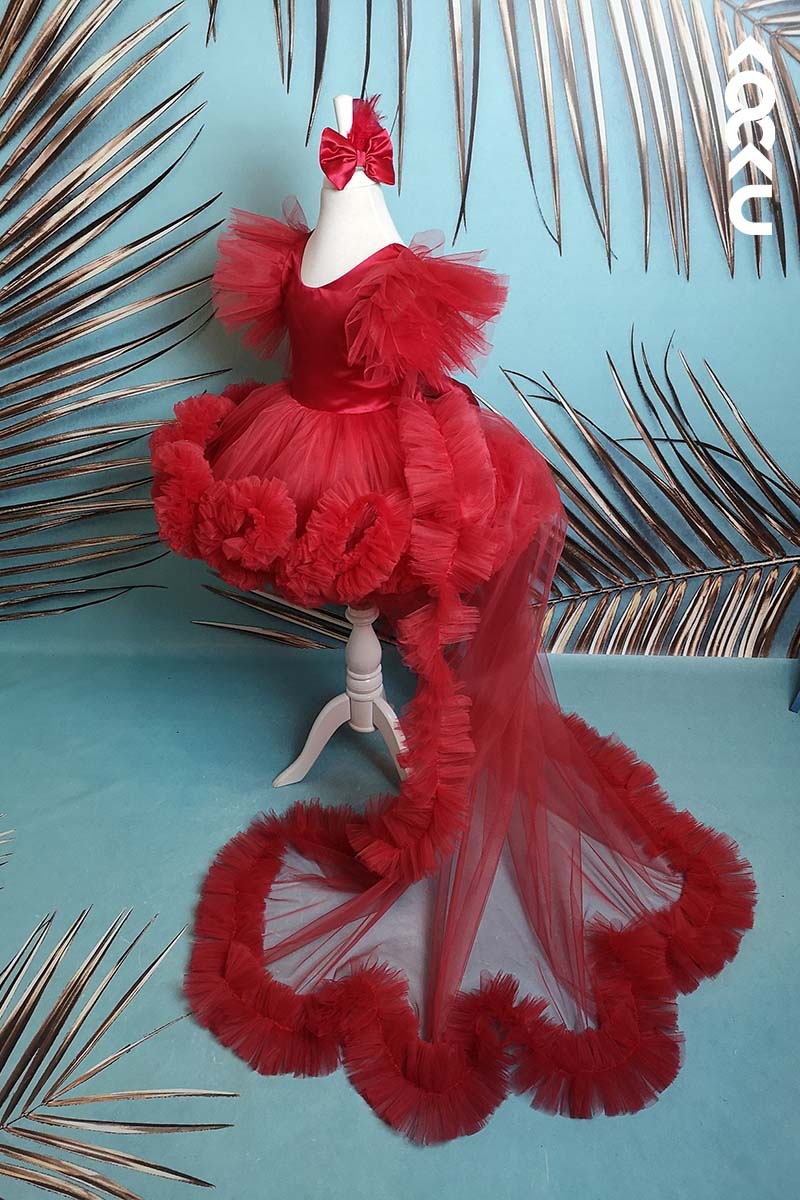 G3010 - Red Round Neck Satin Tulle Baby Girl Gown With Detachable Trail