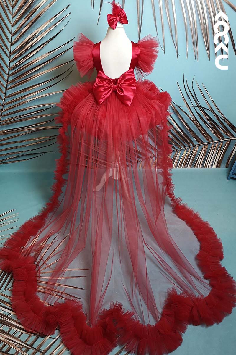 G3010 - Red Round Neck Satin Tulle Baby Girl Gown With Detachable Trail