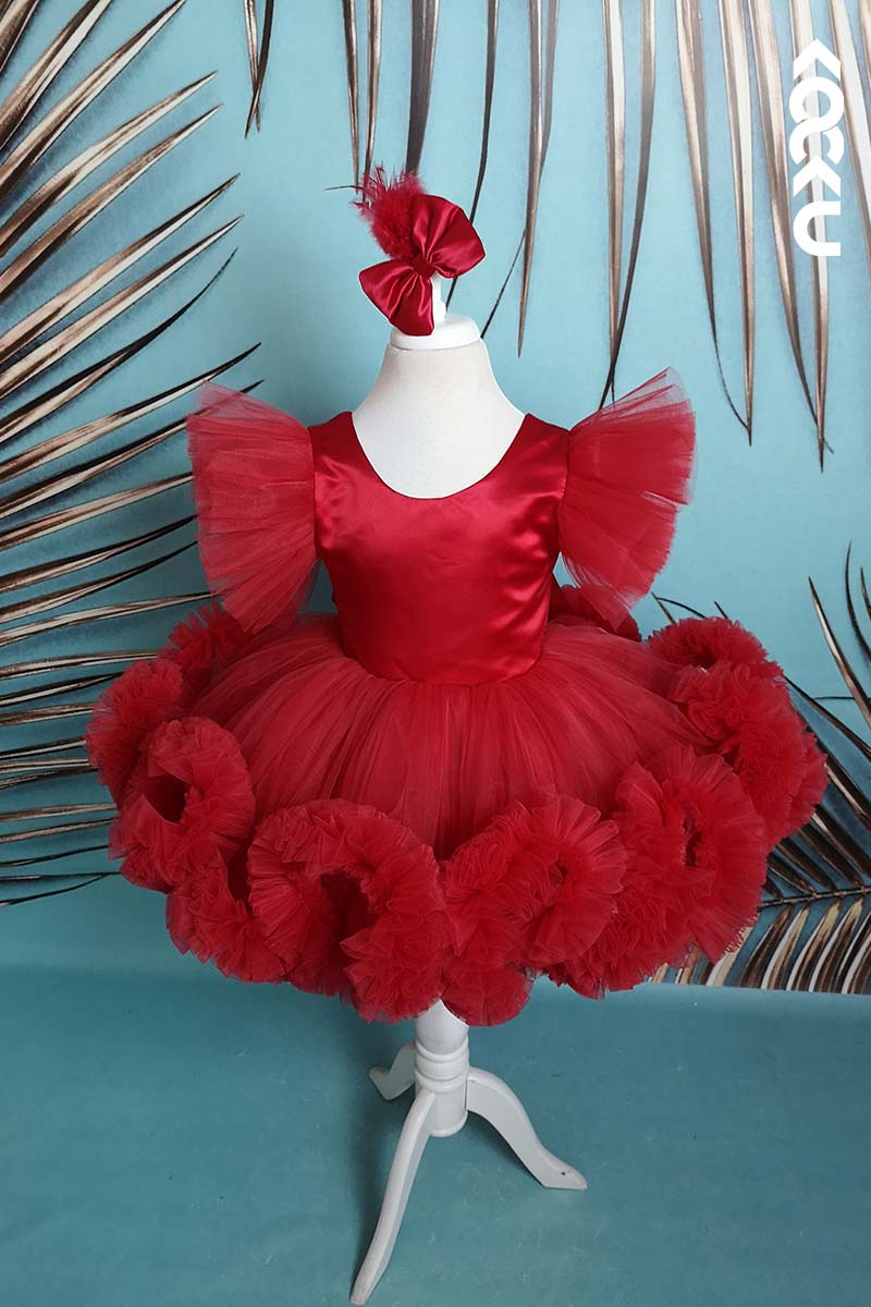 G3010 - Red Round Neck Satin Tulle Baby Girl Gown With Detachable Trail