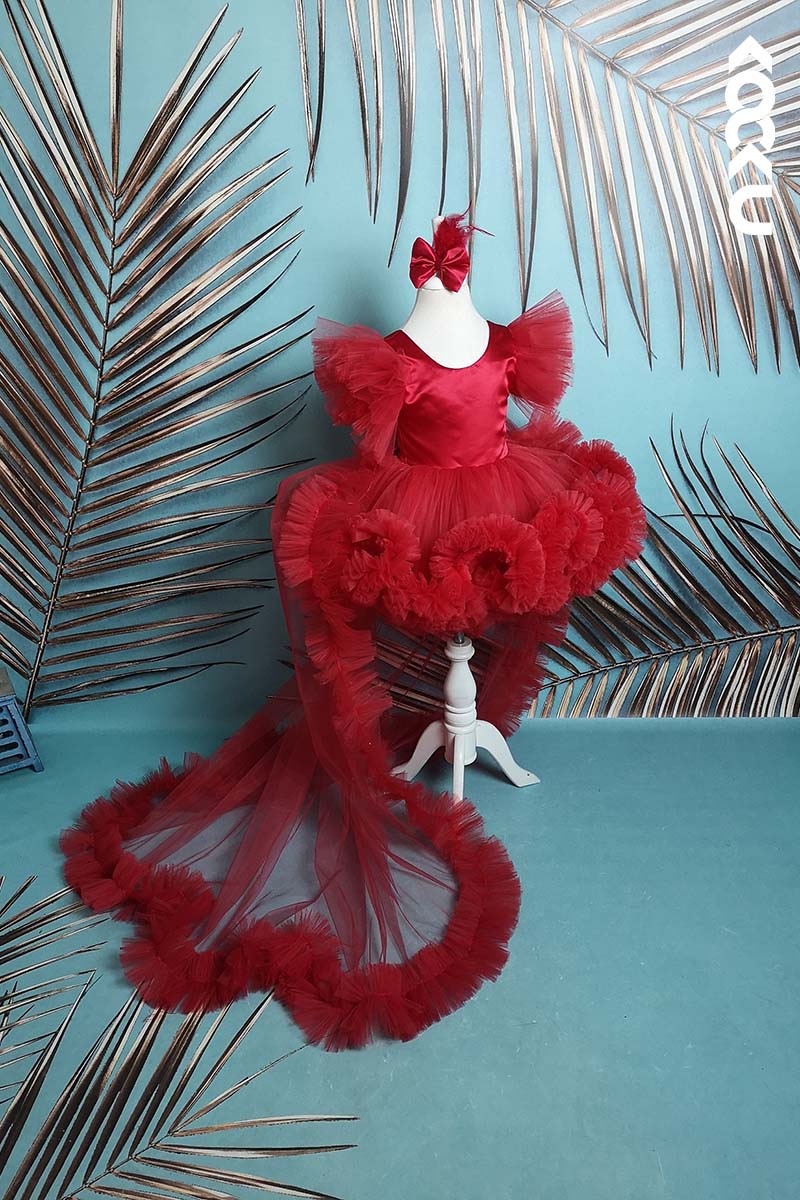 G3010 - Red Round Neck Satin Tulle Baby Girl Gown With Detachable Trail