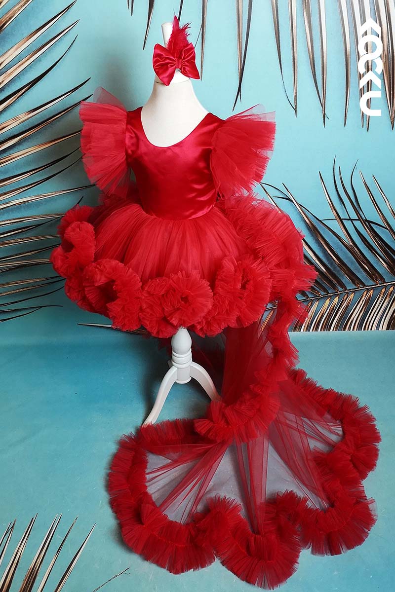 G3010 - Red Round Neck Satin Tulle Baby Girl Gown With Detachable Trail