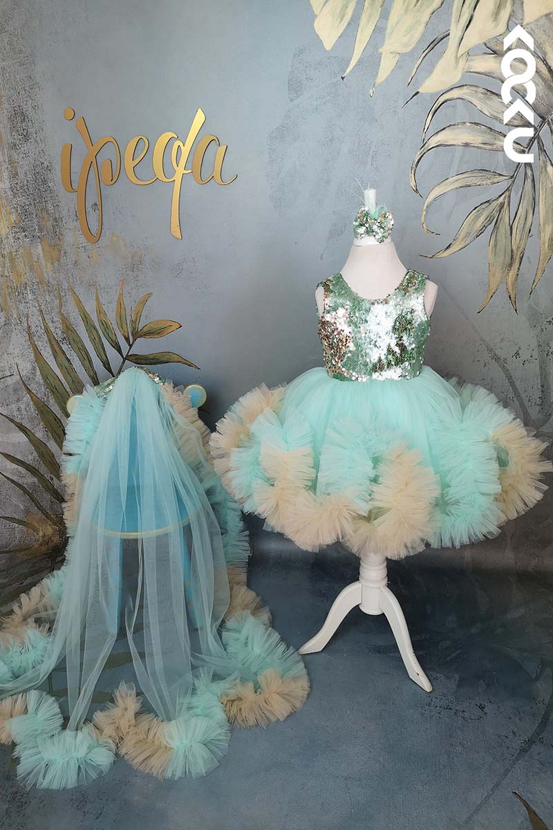 G3011 - Round Neck Sequined Tulle Baby Girl Gown With Detachable Trail