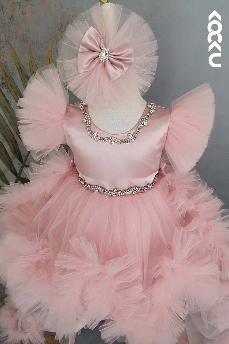 G3012 - Round Neck Beaded Satin Tulle Baby Girl Gown With Detachable Trail