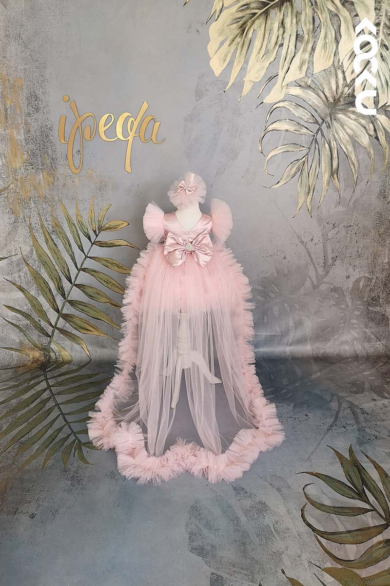 G3012 - Round Neck Beaded Satin Tulle Baby Girl Gown With Detachable Trail