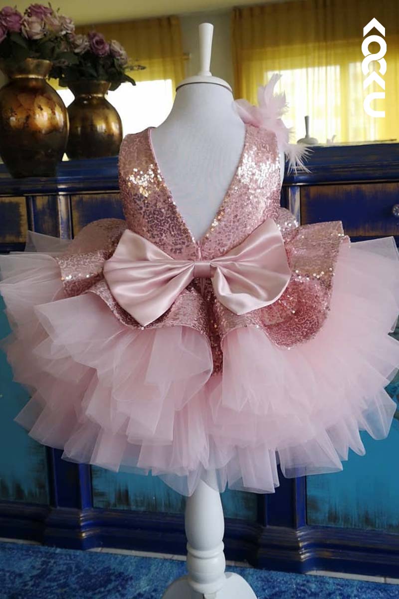 G3013 - Round Neck Sequined Tulle Baby Girl Gown With Ruffles