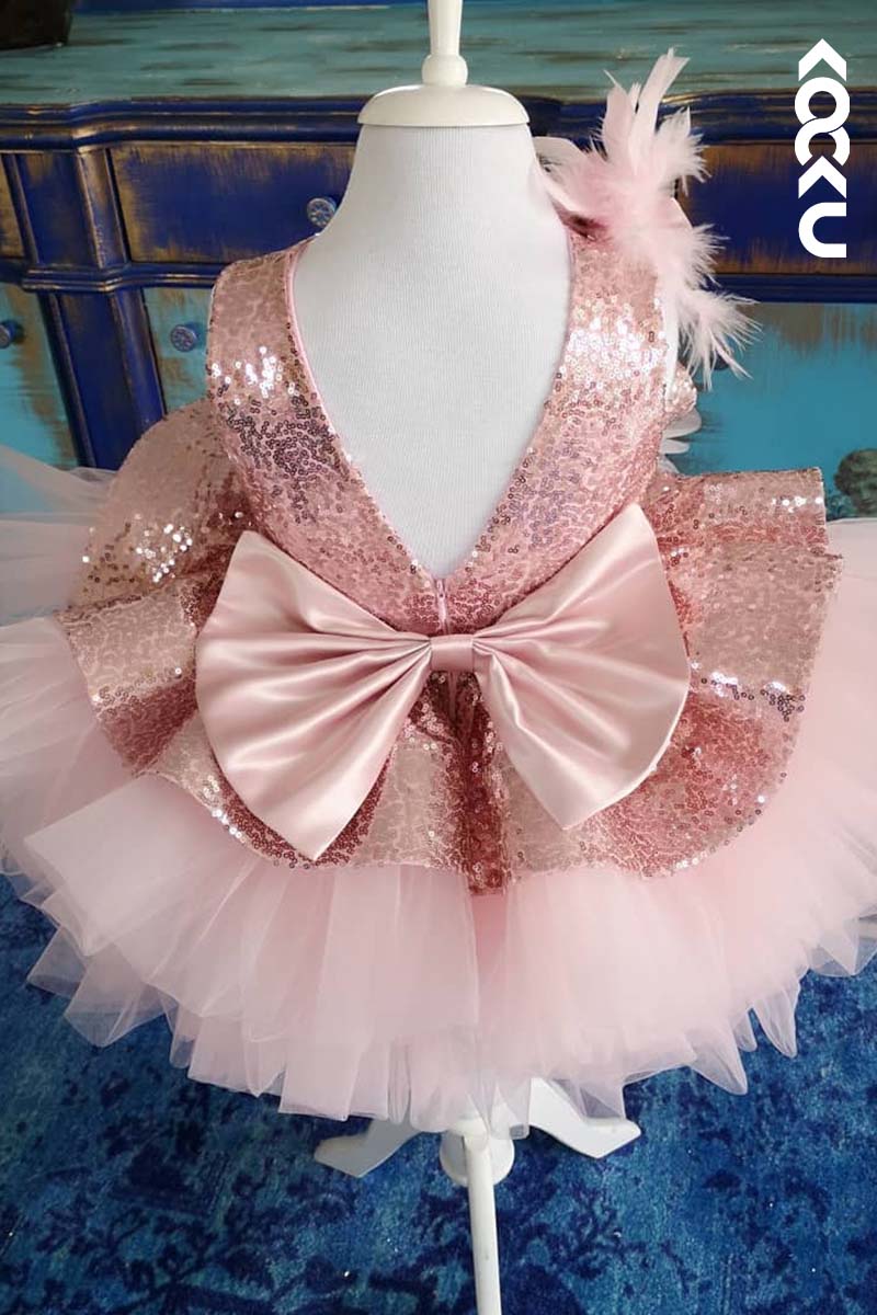 G3013 - Round Neck Sequined Tulle Baby Girl Gown With Ruffles